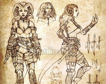Tiefling Rogue / Thief Art Print - 8 x 10 or 8.5 x 11 Inch - Antiqued Character Sheet with Three Views & Weapons
