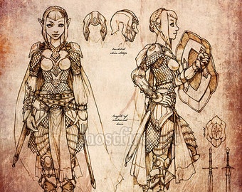 Eladrin / Elf Paladin / Knight Art Print - 8 x 10 or 8.5 x 11 Inch - Antiqued Character Sheet with Two Views and Weapons