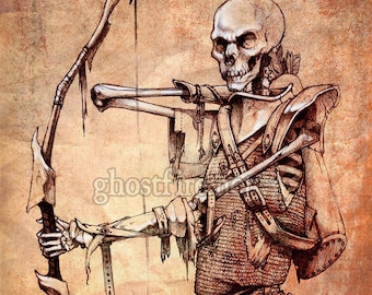 Antiqued Necromancer Fantasy Undead Skeleton Archer Art Print - 8 x 10" or 8.5 x 11"
