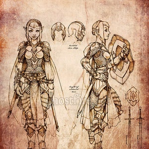 Eladrin / Elf Paladin / Knight Art Print - 8 x 10 or 8.5 x 11 Inch - Antiqued Character Sheet with Two Views and Weapons