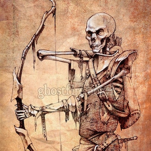 Puede incluir: Ilustración en tonos sepia de un arquero esquelético con armadura, tensando un arco. La obra de arte presenta sombreado y texturas detalladas. Una espada está en la cadera del arquero. La imagen tiene el texto "ghostfire" en el centro.