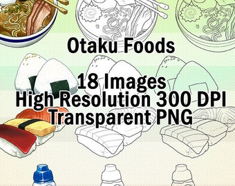 18 Otaku Foods Clip Art, Cute Kawaii Digital Clipart illustrations Transparent PNGs - Pocky, Ramen, Onigiri, Sushi, Ramune, Gummy Candy