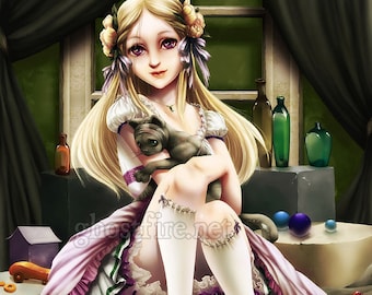 Creepy "Still Life Painting" Girl with Long Blonde Hair and Cat Art Print - Multiple Sizes Available - "Sweet Lolita and Hurty Kitty"