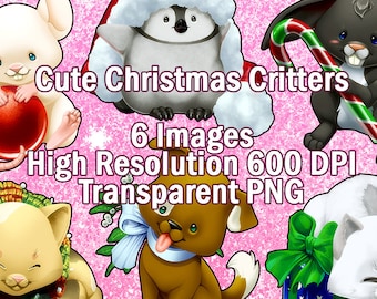 6 Christmas Critters Clip Art Cute Digital Clipart illustrations Transparent PNGs - Mouse, Cat, Emperor Penguin, Rabbit, Dog, and Arctic Fox