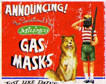 Alternate Universe Americana Atomic Ads Art Print - Multiple Sizes Available - "Gas Masks - Just Like Dad's!"