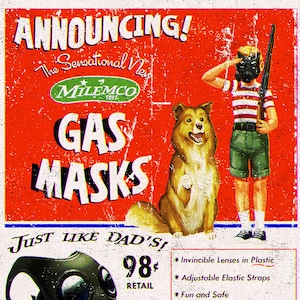 Alternate Universe Americana Atomic Ads Art Print - Meerdere maten beschikbaar - "Gasmaskers - Net als papa's!"