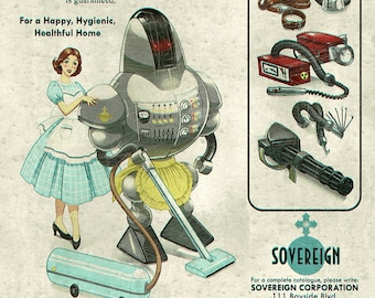 Alternate Universe Americana Atomic Ads Art Parody Print - Multiple Sizes Available - "SOVEREIGN Domestic Autonomous Nuclear Assistant"