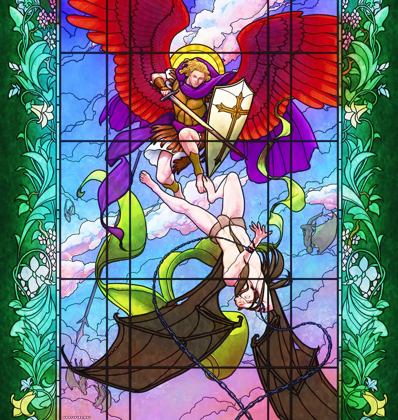 May include: A stained glass window depicting an angel with wings and a sword fighting a fallen angel with chained wings. The angel is wearing armor and a purple cape. The fallen angel is nude and has a green vine growing from its back.