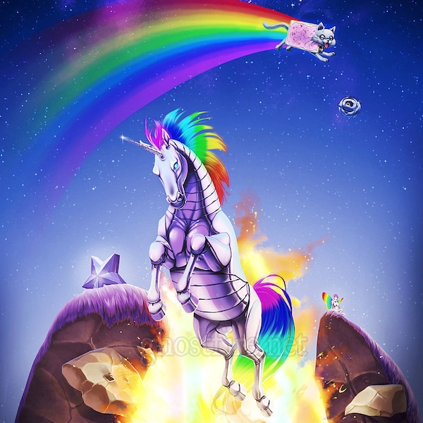 Internet Meme-Filled Nyan Cat Robot Unicorn Print - Multiple Sizes - "Double Rainbow"