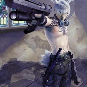 Post Apocalyptische Badass Bunny Boy met Twin Desert Eagles en Hoofdtelefoon Art Print - Meerdere maten beschikbaar - "Bunneh"