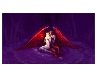 Crimson Winged Angelic Guardian and Blonde Girl Art Print - 8 x 10 or 8.5 x 11" - "Golden Winter Magic"