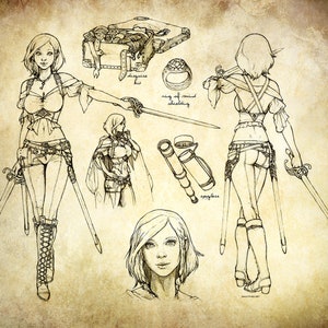 May include: Line drawing illustration of a female character with short hair, wearing a short-sleeved shirt, pants, and boots. She is holding two swords. The illustration also includes a close-up of her face, a ring, a spyglass, and a chest.
