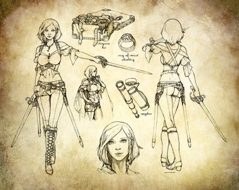 Aasimar or Human Pirate Swashbuckler Rogue / Thief Art Print - 8 x 10 or 8.5 x 11 Inch - Antiqued Character Sheet with Three Views & Weapons