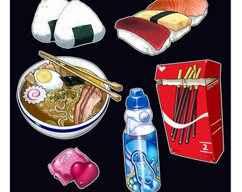 Delicious Japanese & Asian Foods Cartoony Art Print - Multiple Sizes Available - "Otaku Diet"
