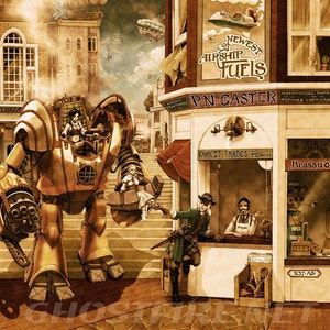 以下が含まれることがあります： 大きな金色のロボットが通りを歩いている、スチームパンク風のイラスト。ロボットは小さな白い人形を手に持っている。ロボットは「Newest Airship Fuels PN. Caster」と書かれた看板のある店の前を歩いている。