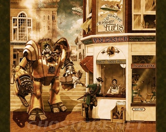 Faux Antiqued Steampunk Mecha at the Shop with Airships Art Print - Multiple Sizes Available - P.N. Caster - Airship Provisioner
