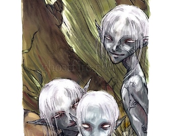 Three Mischievous Forest Fae Elf Elven Boys Art Print - 8 x 10 or 8.5 x 11" - "Night Fae"