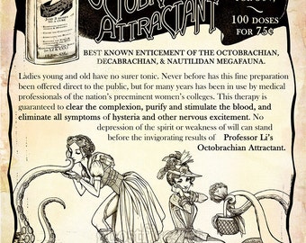 Neo Victorian Steampunk Advertisement with Tentacles - Art Print - Multiple Sizes - Professor Li's Octobrachian Attractant