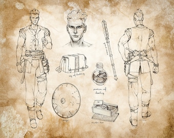 Air Genasi or Human Pirate / Sailor Barbarian Art Print - 8 x 10 or 8.5 x 11 Inch - Antiqued Character Sheet with Two Views & Weapons