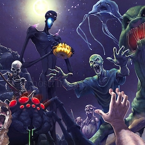 Könnte beinhalten: Eine digitale Illustration verschiedener Minecraft-Monster, darunter ein Zombie, ein Creeper, eine Spinne, ein Skelett, ein Wolf und der Enderman. Der Enderman hält einen geschnitzten Kürbis. Der Hintergrund ist ein dunkelvioletter Himmel mit Sternen.