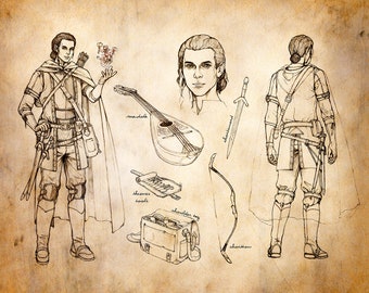Half-Elf Bard Art Print - 8 x 10 or 8.5 x 11 Inch - Antiqued Character Sheet with Three Views, Weapons, & Instruments