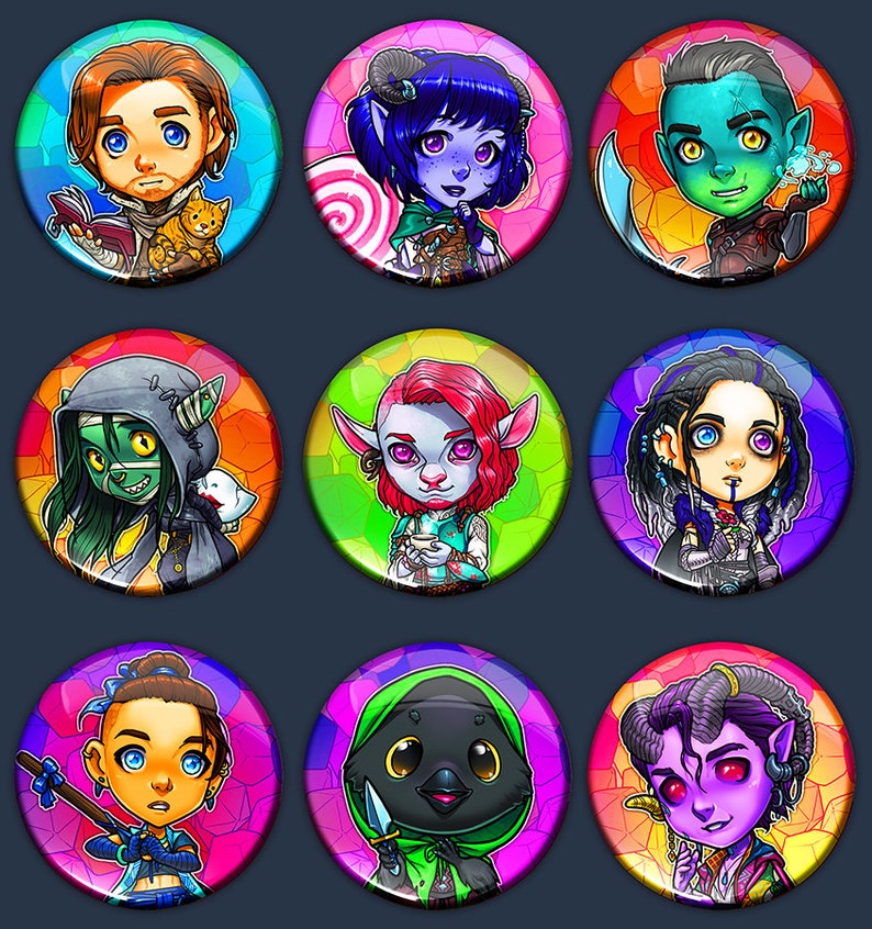 Critrole M9 Season Two Character Pins or Magnets 1.75 Pin-Backed Buttons or Magnets Set of 3, 6, or 9 image 1