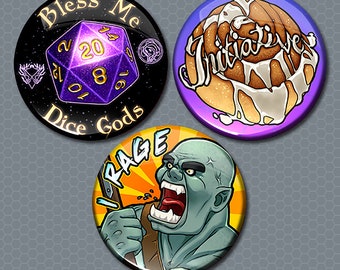 Dungeons and Dragons Role-Playing Game TTRPG Gaming Pins or Magnets - 1.75" Pin-Backed Buttons or Magnets - Set of 3