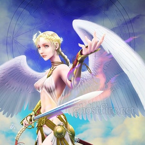 Blonde Female Valkyrie Celestial Warrior Angel with Flaming Magic Sword Art Print - Multiple Sizes Available - &quot;Sacred&quot;