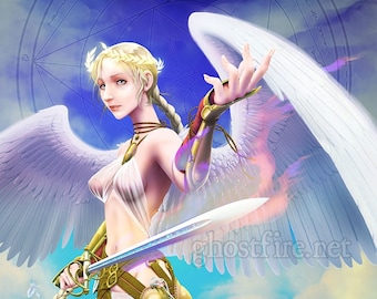 Blonde Female Valkyrie Celestial Warrior Angel with Flaming Magic Sword Art Print - Multiple Sizes Available - "Sacred"