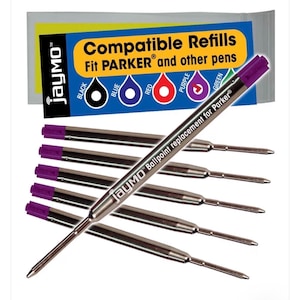 May include: A package of Jaymo ballpoint pen refills, compatible with Parker pens. The refills have purple tips and silver barrels. The packaging includes the Jaymo logo and color options: black, blue, red, purple, and green.