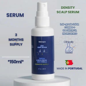 May include: A white bottle of Rebosepro 20DR hair serum with a blue label. The label includes the text "TOPICAL 2-DEOXYRIBOSE 2.5% FORMULA" and "3 MONTHS SUPPLY". The bottle contains 150ml. The product is clinically tested and made in Portugal.
