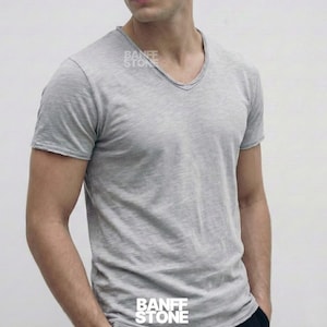 100% Cotton Basic Mens T-Shirt, Solid Color Short Sleeve, Soft and Breathable Casual Summer Shirt, V-neck Fashion Design Slim Fit Top