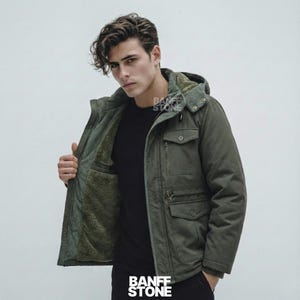 Op de afbeelding: Olijfgroene jas met capuchon en een zachte, getextureerde voering. De jas heeft meerdere zakken, een ritssluiting en de tekst "BANFF STONE" onderaan. De jas is ontworpen voor warmte en stijl.