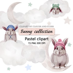 ウサギのクリップアート。パステルカラーのウサギの PNG クリップアート。雲と星。手描きのグラフィック | ステッカー、デジタル クリップアート、ポストカード