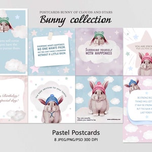 Postcards - Set of 8. Pastel rabbit JPEG/PNG/PSD postcards. Clouds and stars. Hand drawn graphics, Cute Cards, Art Gift