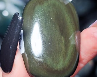 Rainbow Obsidian Palm Stone – Green sheen on both sides (22B)