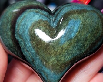 Rainbow Obsidian Heart Carving | Blue Green Iridescent Bands (50S)
