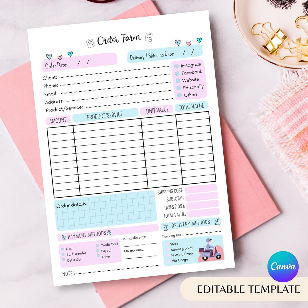 Editable Order Form Template: Small Business Canva Design (A5) (digital ...
