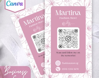 Pink QR Code Business Card Template, DIY Canva Design (Digital Download)