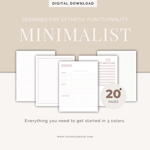 May include: A digital download of 20 minimalist planner pages in three colors. The pages include a project planner, a dot grid, and a lined page. The text "project planner", "dot grid", and "lined" is visible on the pages.