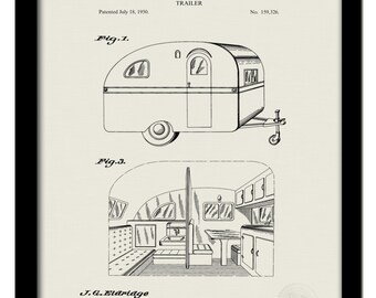 May include: A black and white line drawing of a vintage trailer patent. The patent is for a trailer designed by Joseph G. Eldridge of Peru, Illinois. The patent was filed on July 18, 1950, and the patent number is 159,326. The drawing shows the exterior and interior of the trailer.