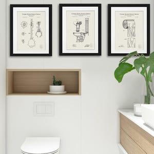 Vintage Bathroom Decor | 1891 Toilet Paper, 1892 Water Closet, 1988 Toilet Plunger Patents | Set of Three Prints | Bathroom Wall Art