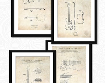 Fender Guitar Innovations Set | Prints of 1951 Telecaster, 1956 Tremolo, 1960 Bass, 1961 Pickup Patents | Decor for Musicians | 4 Print Set