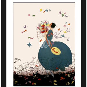 May include: A woman in a blue dress with a white collar and a straw hat holds a bouquet of colorful flowers. She is surrounded by a flurry of butterflies in various colors, including pink, yellow, blue, and green. The background is a light cream color.