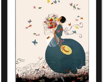 Puede incluir: Una mujer con un vestido azul, cuello blanco y un sombrero de paja sostiene un ramo de flores de colores. Está rodeada de una ráfaga de mariposas de varios colores, incluyendo rosa, amarillo, azul y verde. El fondo es de color crema claro.