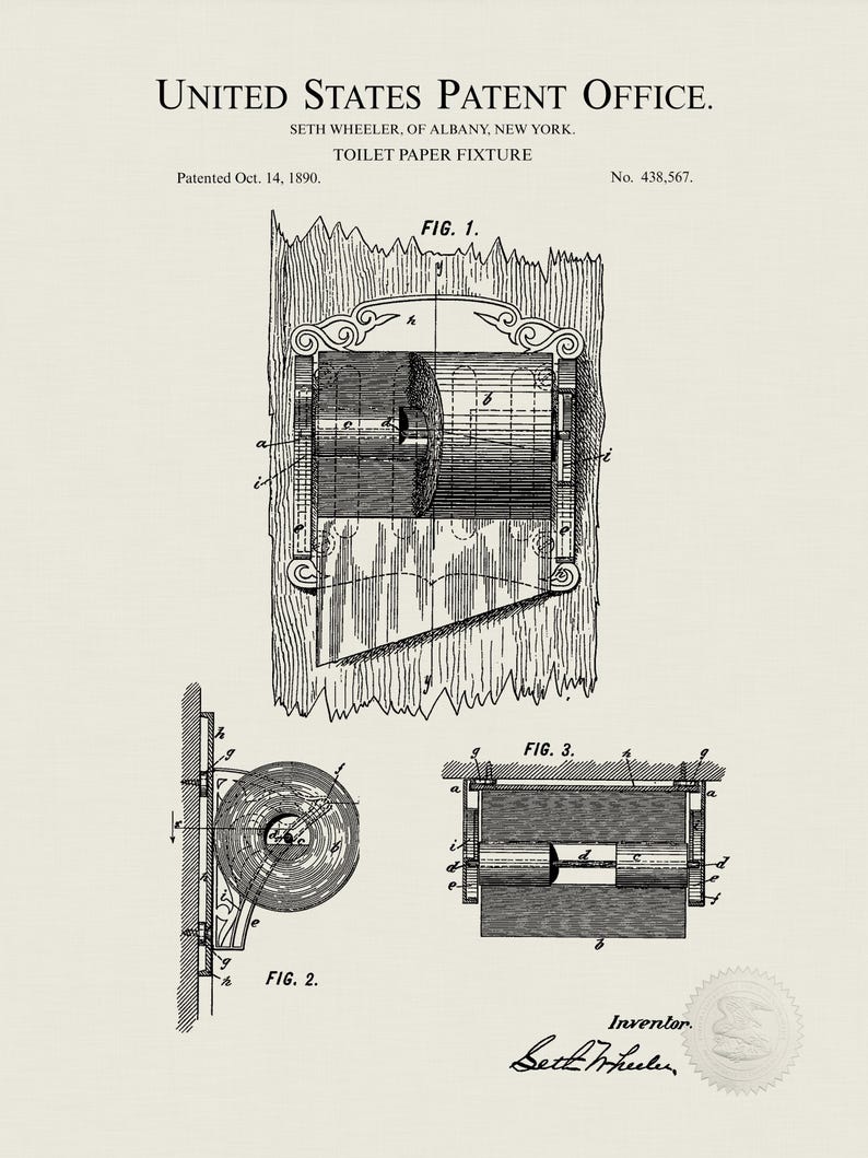 Vintage Bathroom Decor | 1890 Toilet Paper Fixture Patent | Unique ...