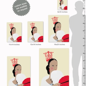 May include: Art print featuring a woman in a white dress, holding a red fan. The print is available in various sizes, including 8x10 inches, 11x14 inches, 12x16 inches, 16x20 inches, 18x24 inches, and 24x32 inches. The text "Standard print sizes" and "custom sizes are available on request" are also visible.