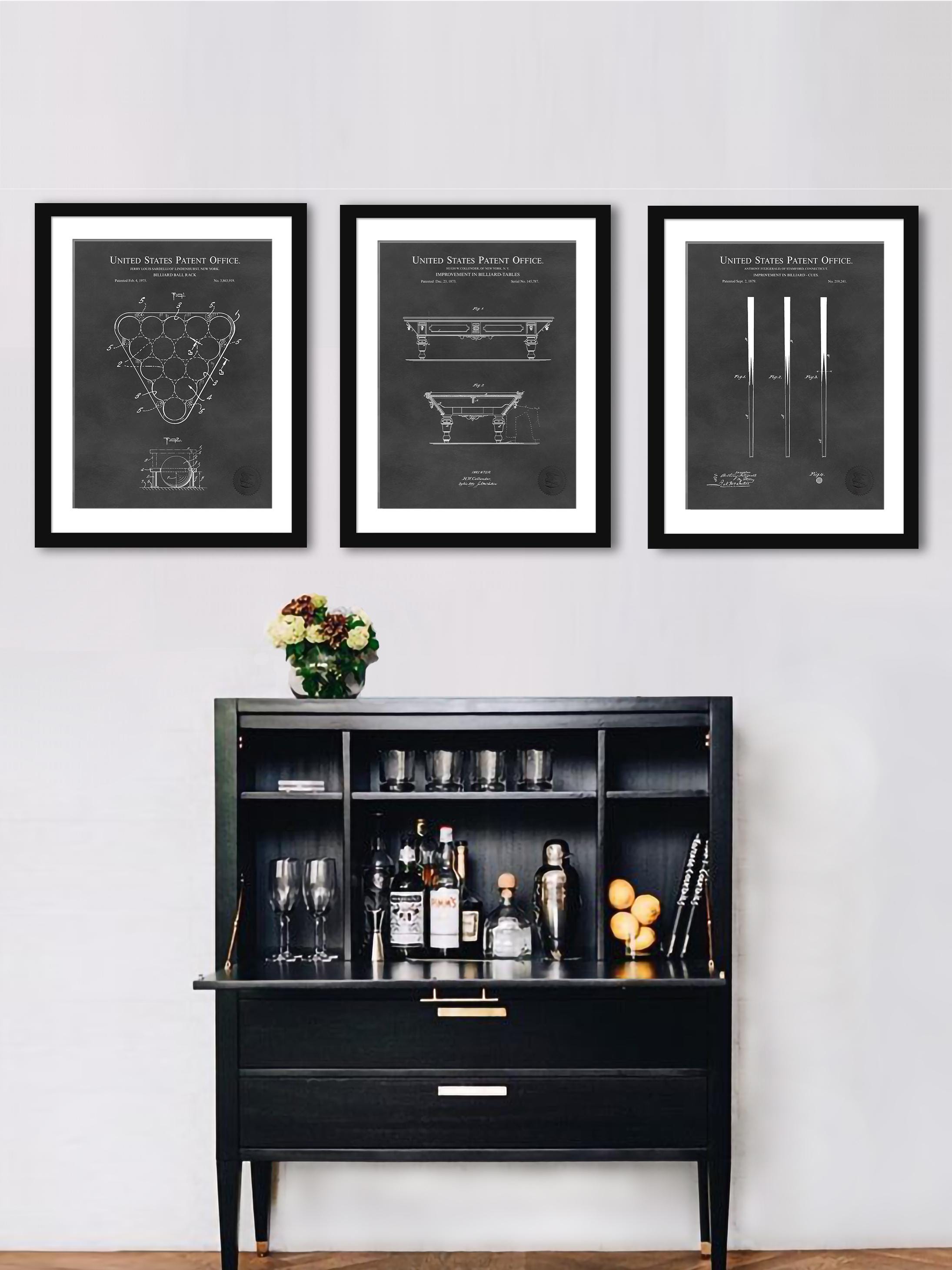 Vintage Billiard Decor | 1873-1879 Pool Table, Cue, Rack Patents | Game ...