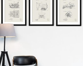 Vintage Construction Decor | Prints of Bulldozer, Excavator & Dump Truck Design Patents | Gift for Construction Worker | Builder Wall Art