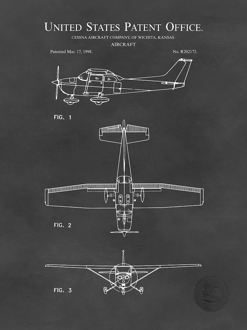 May include: A black and white blueprint of an aircraft, with three views: side, top, and front. The text reads "UNITED STATES PATENT OFFICE" and "CESSNA AIRCRAFT COMPANY, OF WICHITA, KANSAS. AIRCRAFT". The patent date is March 17, 1998.